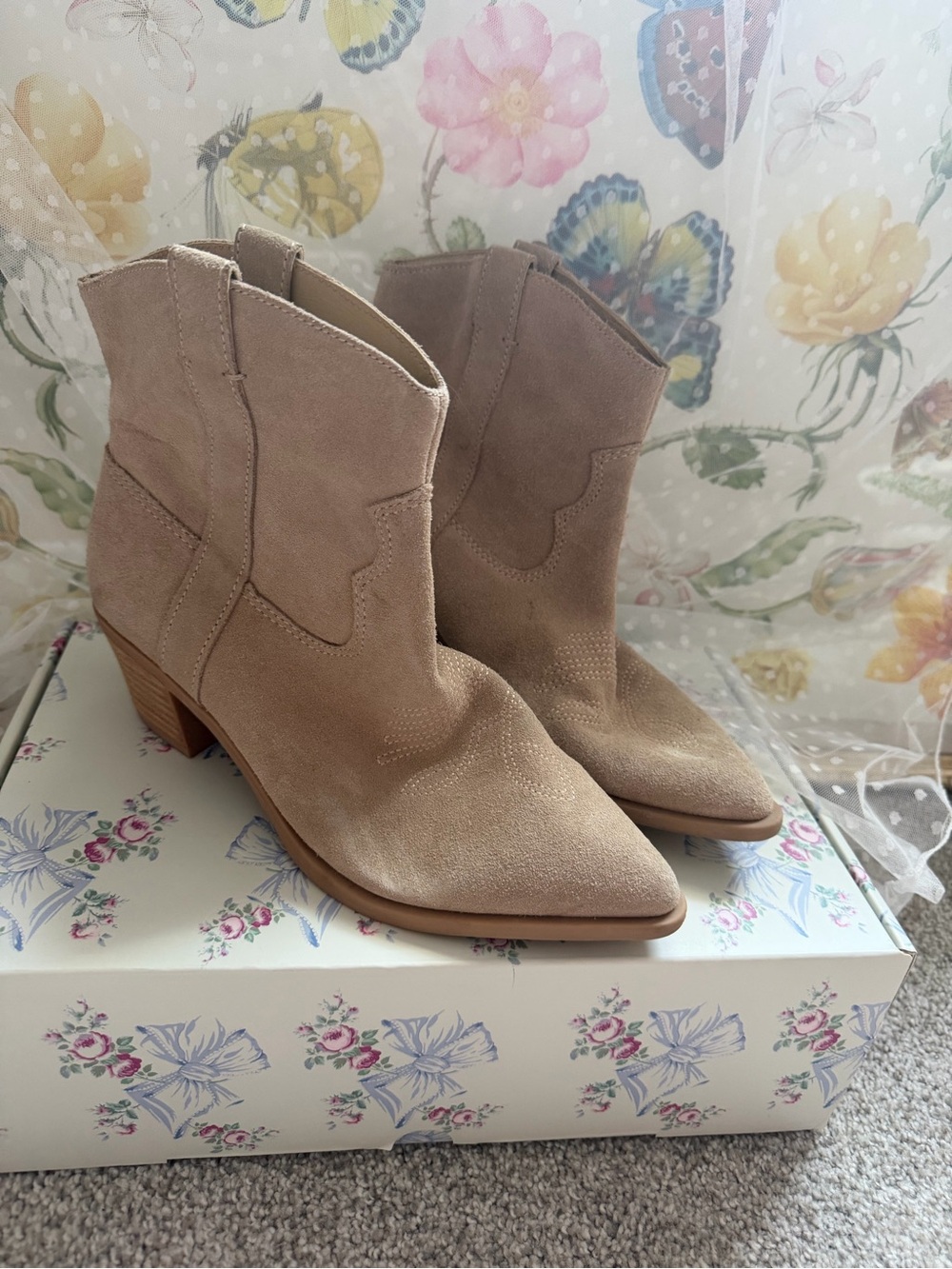 Dolce Vita Suede Ankle Western Booties - Beige